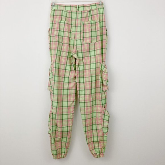 The Ragged Priest Symbol Plaid Cargo Pants Size S Hi-rise Green Pink 100% Cotton - Picture 2 of 9